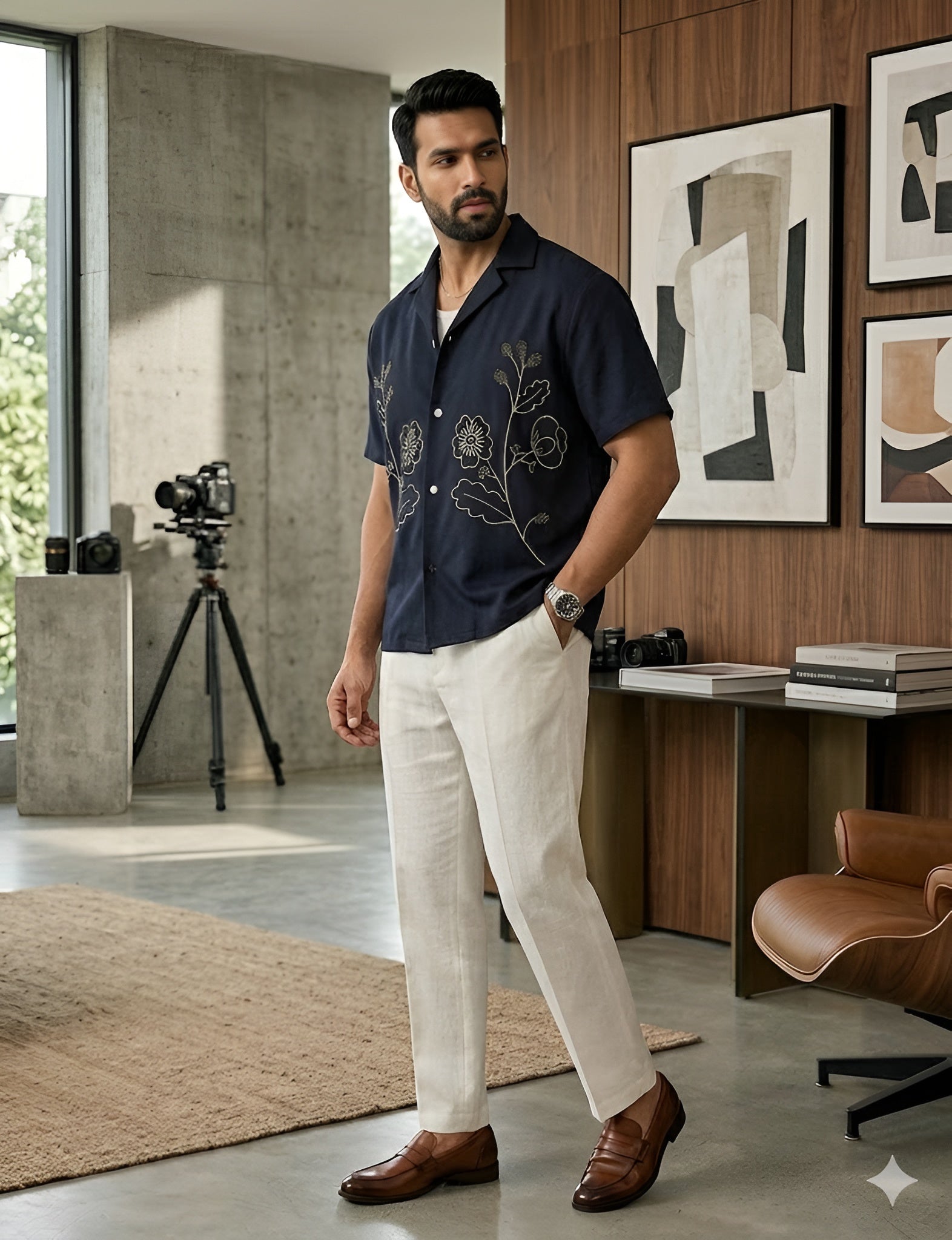 Men’s Navy Blue Cotton Embroidered Summer Shirt