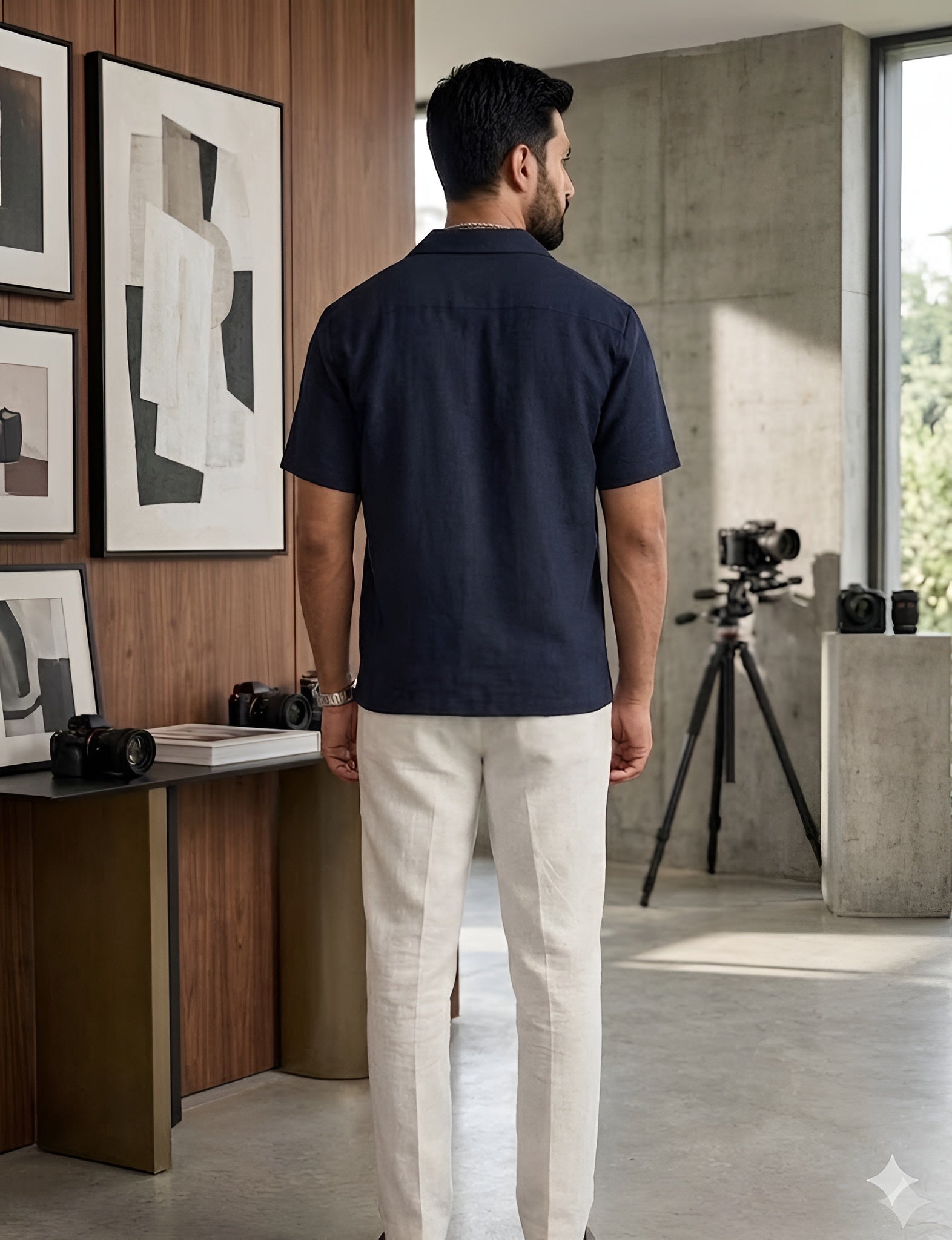 Men’s Navy Blue Cotton Embroidered Summer Shirt