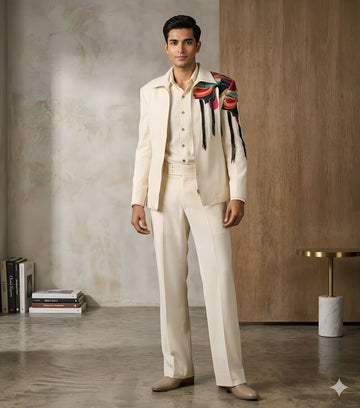 Men’s Cream Western Suit With Hand Embroidered Jacket