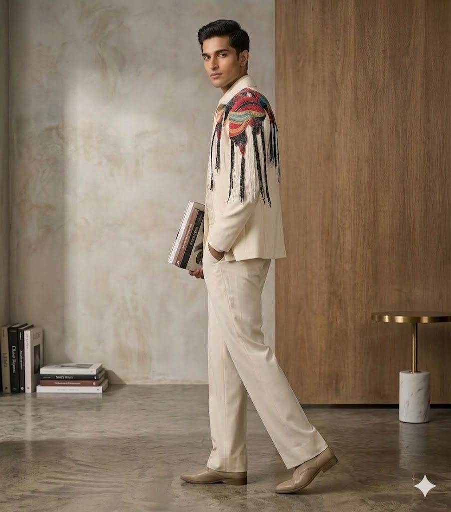 Men’s Cream Western Suit With Hand Embroidered Jacket