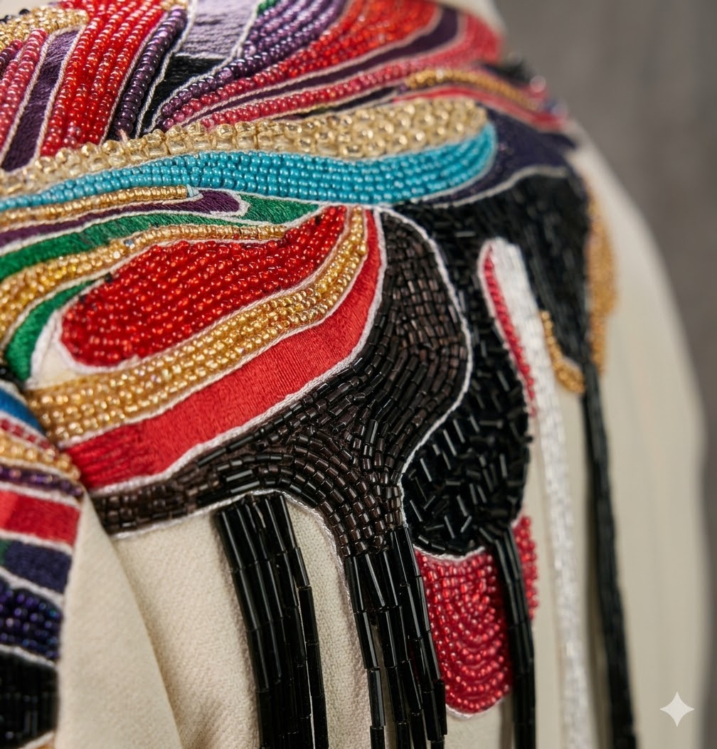 Colorful beaded and fringed fabric with intricate patterns on a neutral background