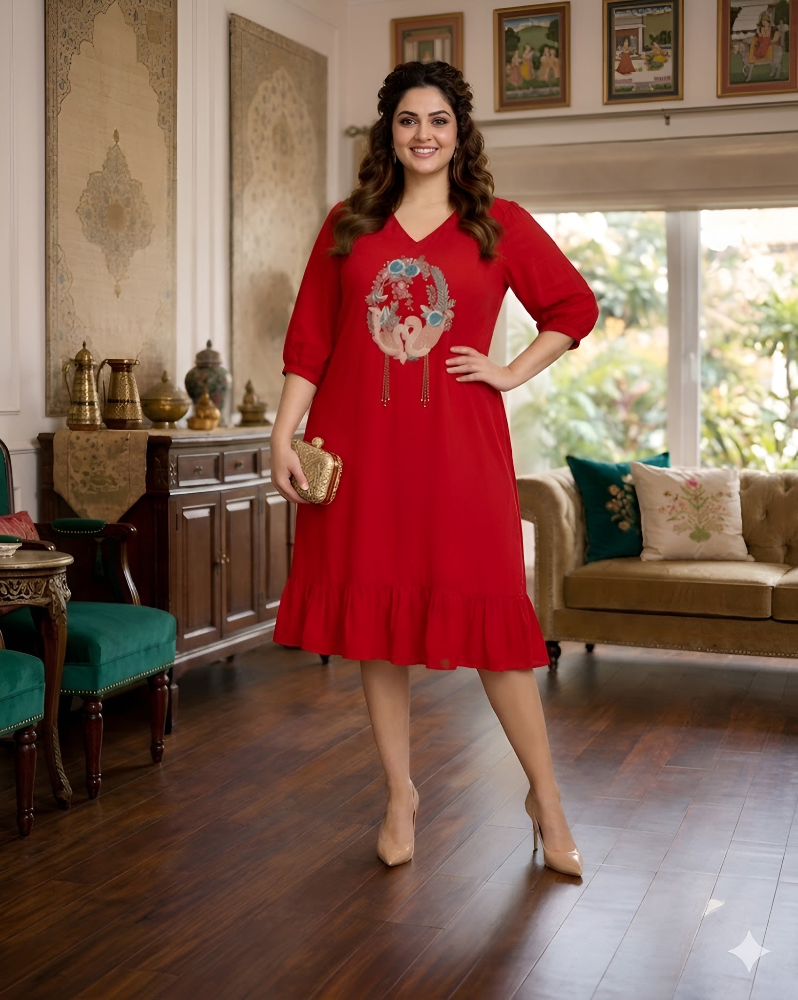 Red Bird Midi Dress
