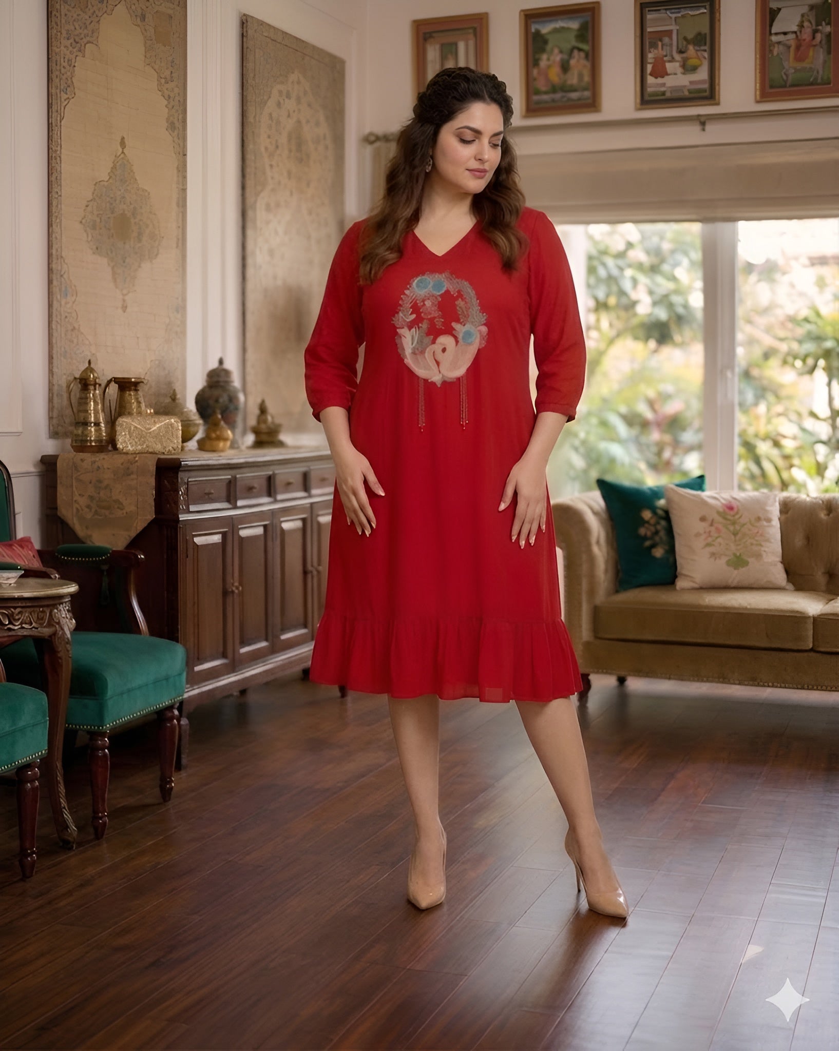 Red Bird Midi Dress
