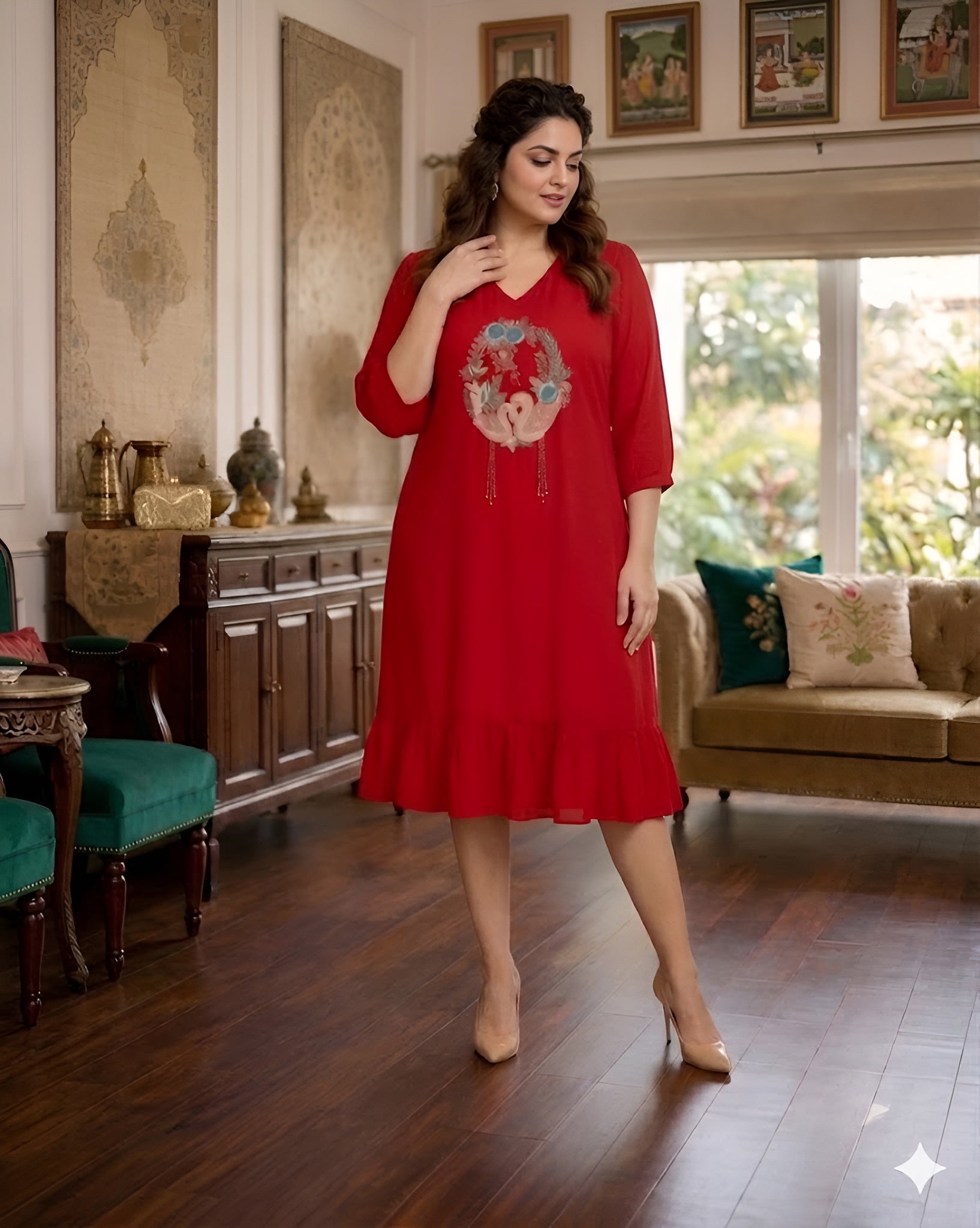 Red Bird Midi Dress