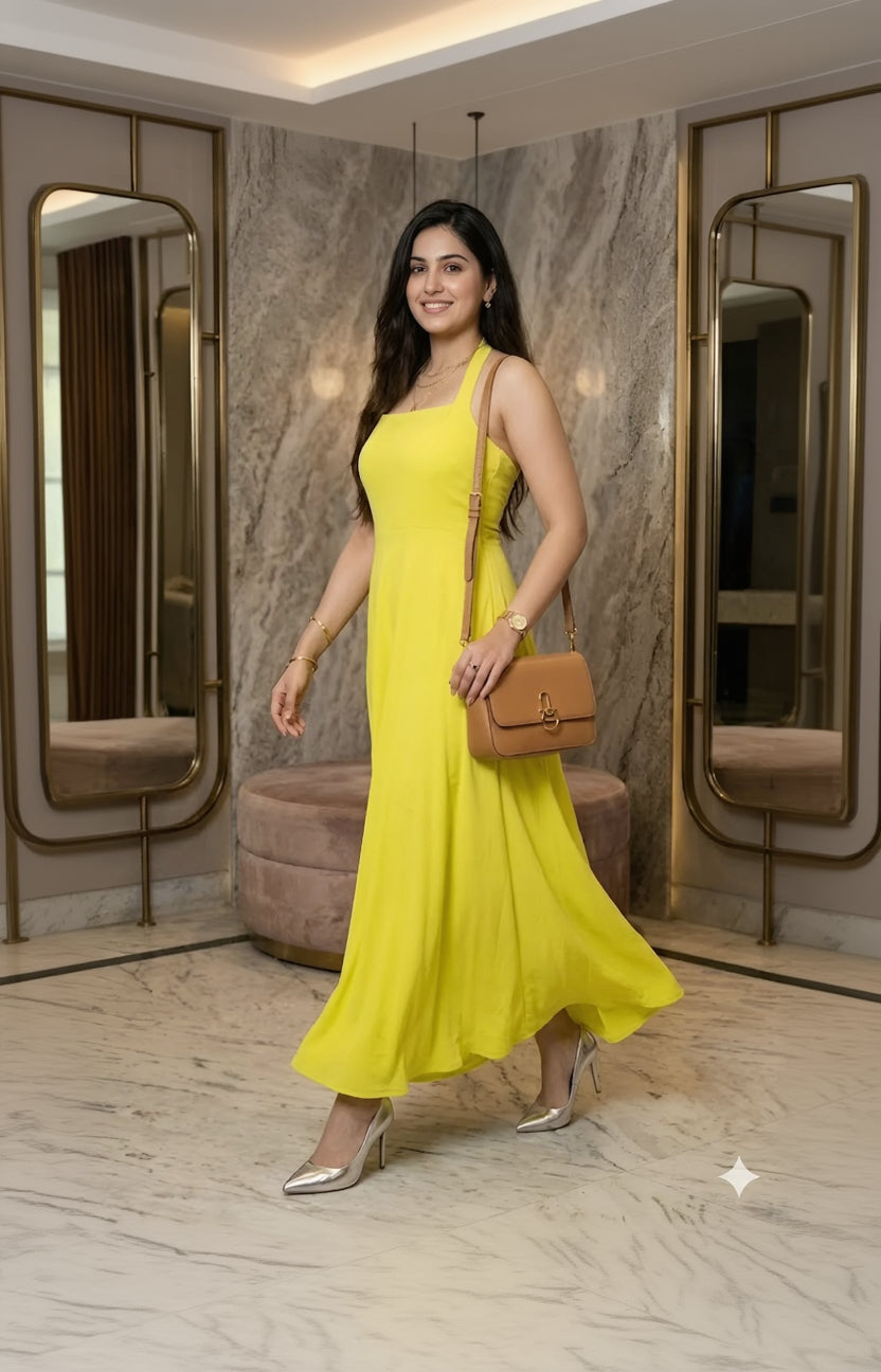 Woman in a yellow dress holding a brown handbag in an elegant interior setting.