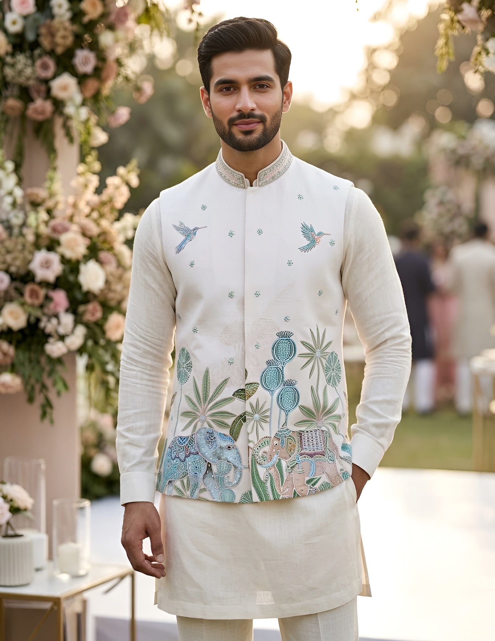 Men’s Cream Dola Silk Embroidered Wedding Set