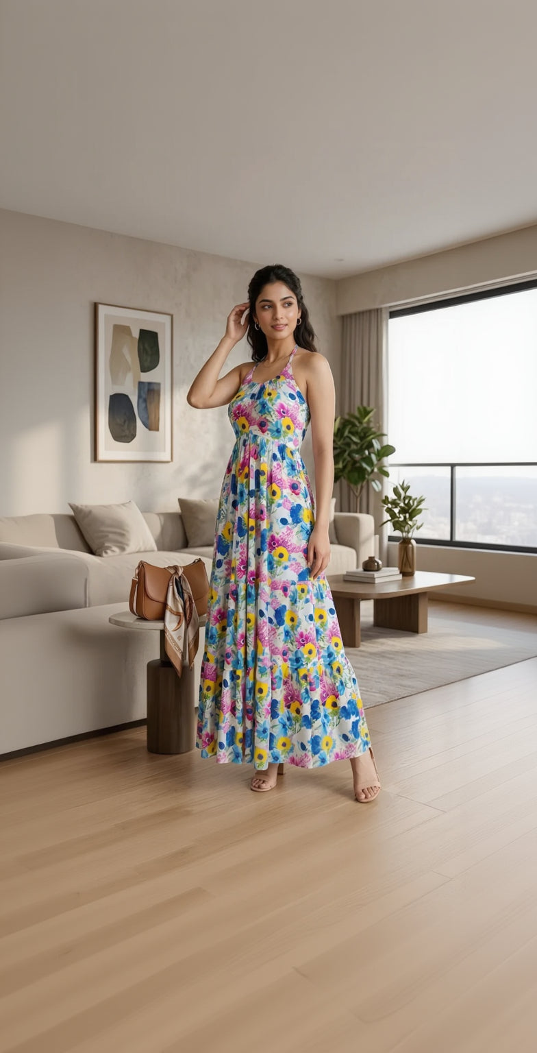 Woman wearing a colorful floral dress in a living room setting