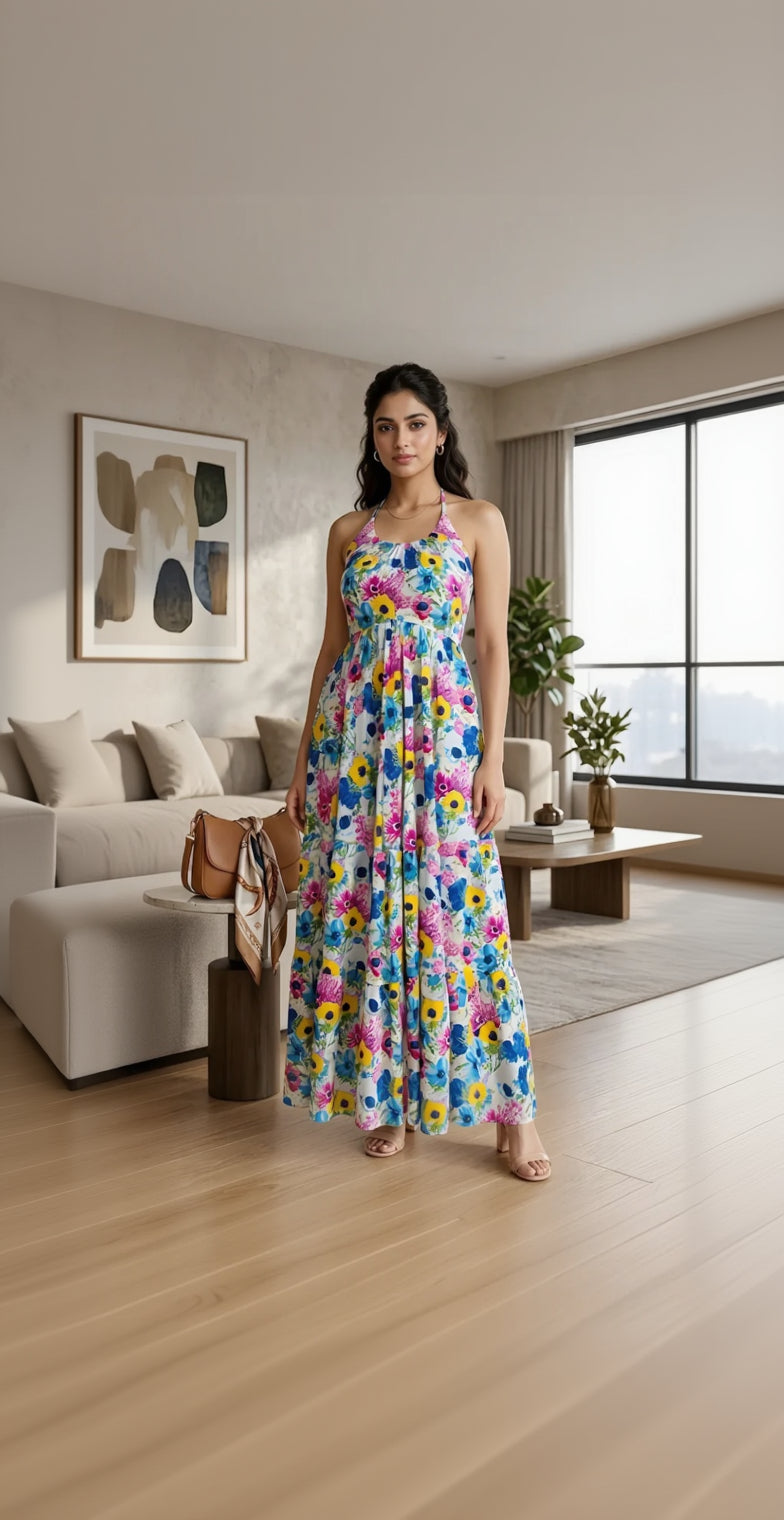 Woman wearing a colorful floral dress in a living room setting