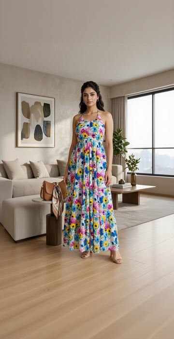 Woman wearing a colorful floral dress in a living room setting