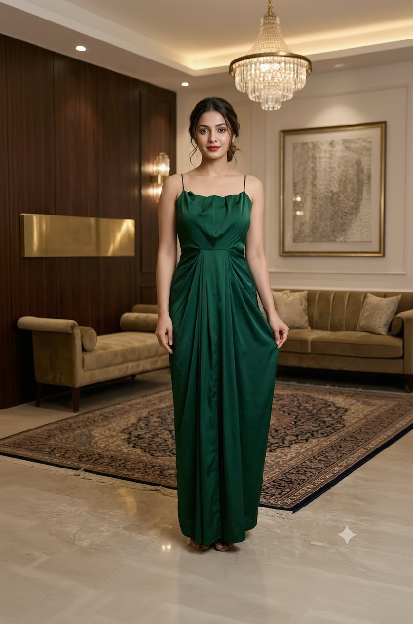 Woman in a green dress standing in an elegant room with a chandelier and couch.