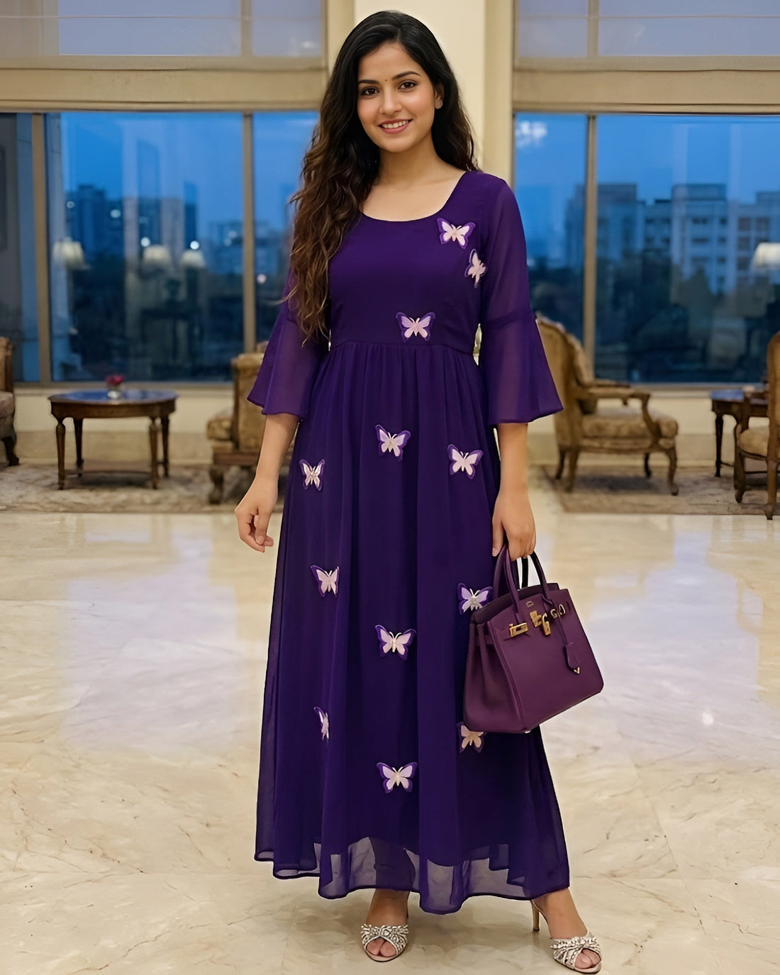 Woman in a purple dress with butterfly patterns holding a matching handbag in a well-furnished room.