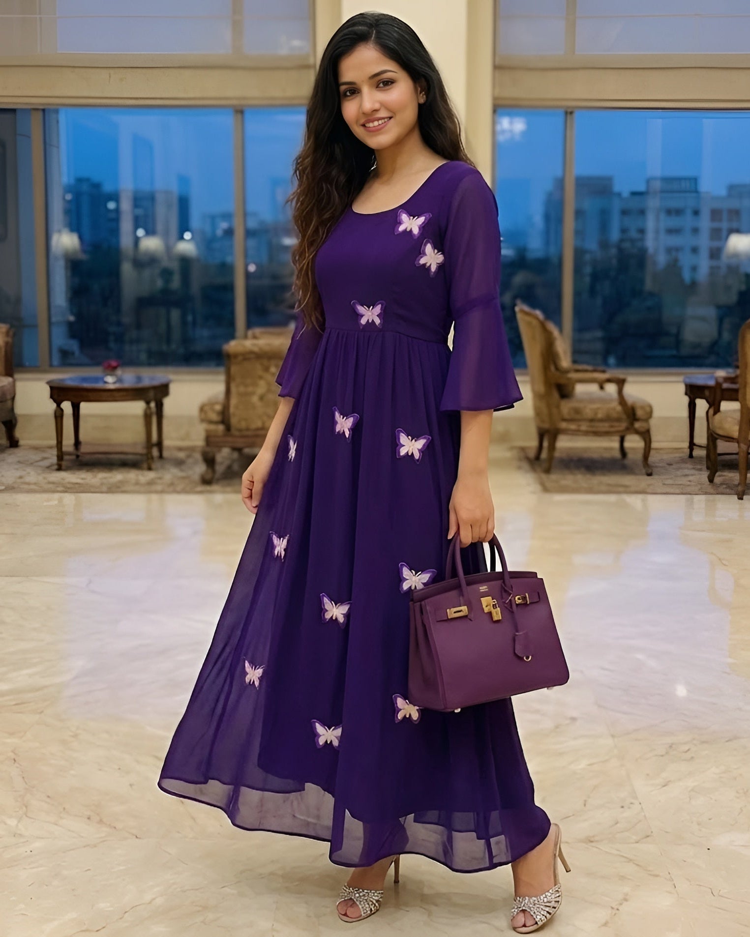 Woman in a purple dress with butterfly patterns holding a matching handbag in an elegant room.