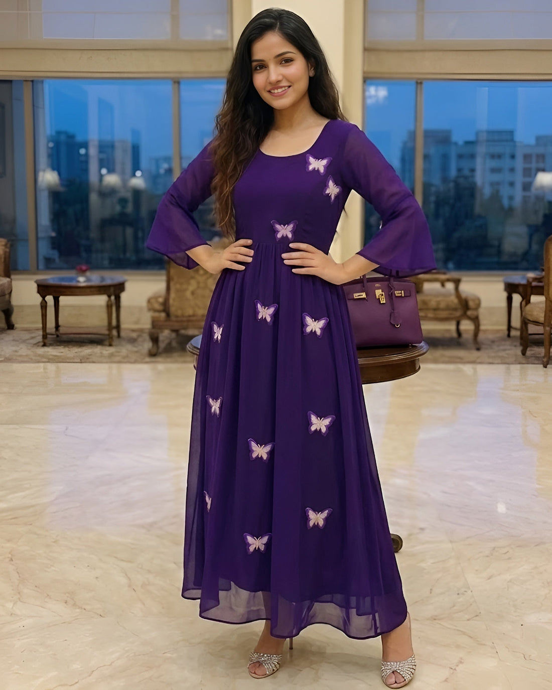 Woman in a purple dress with butterfly patterns holding a matching handbag in a well-furnished room.