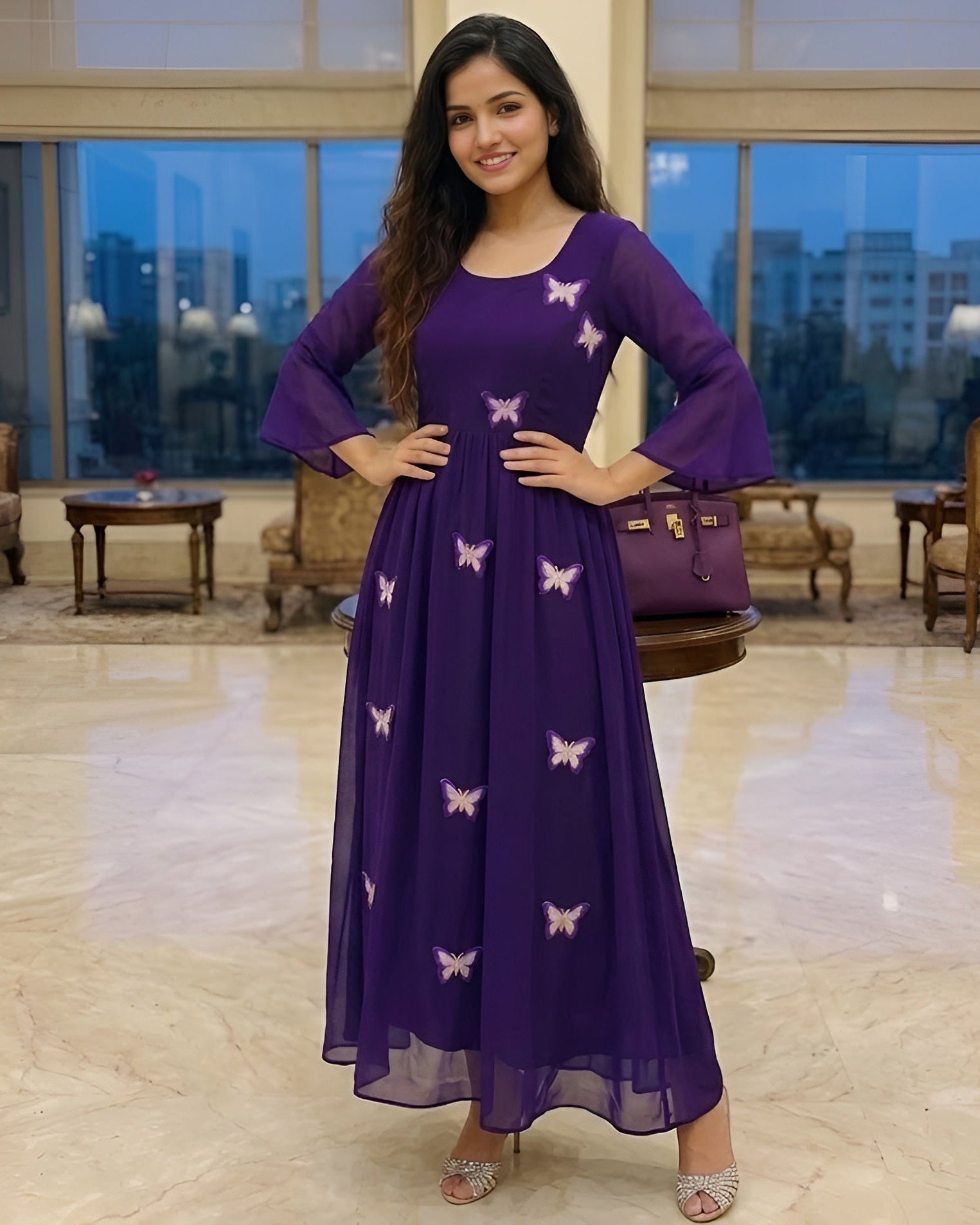 Woman in a purple dress with butterfly patterns standing in a well-furnished room.