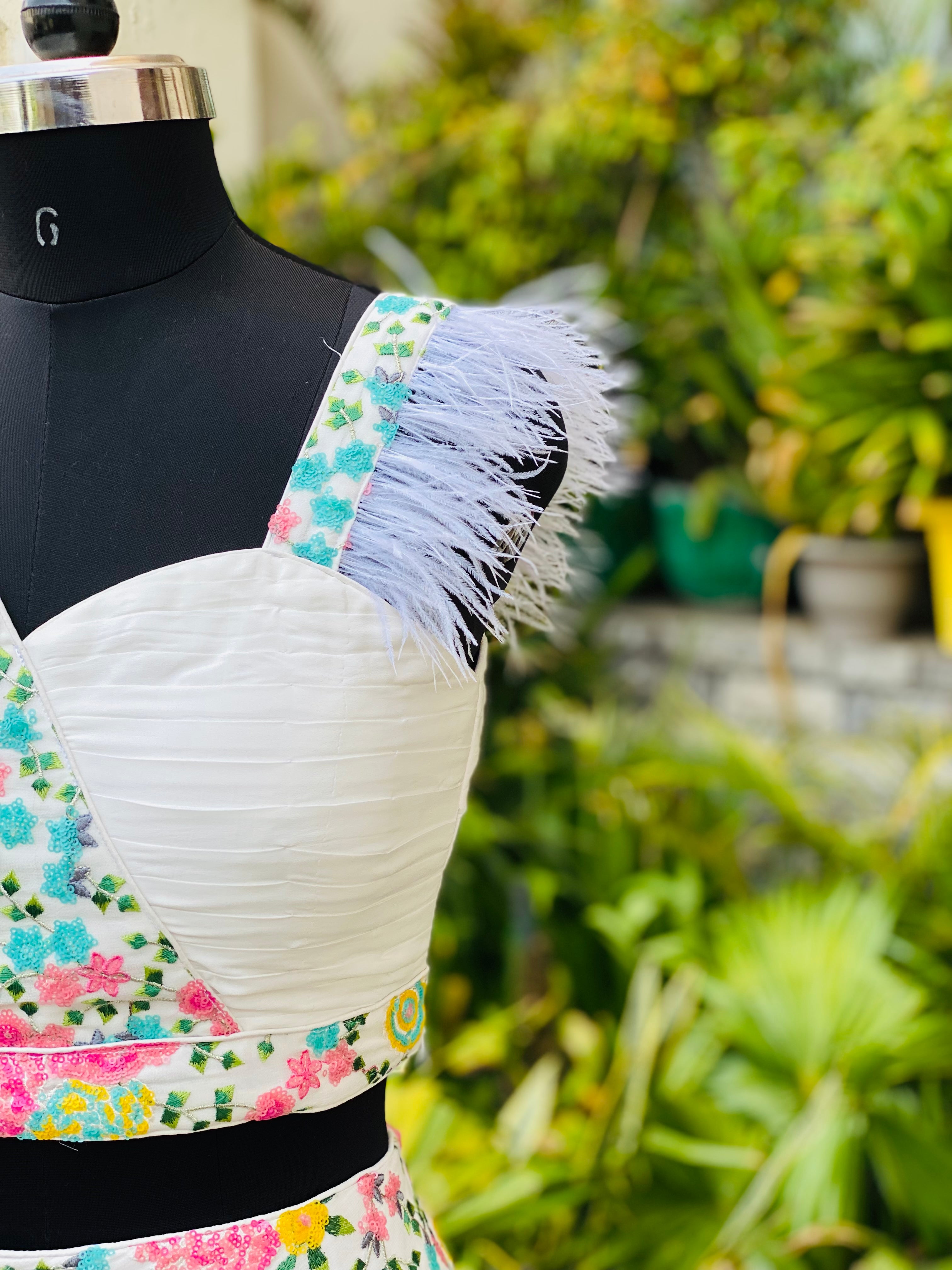 White Handpainted Organza Lehenga