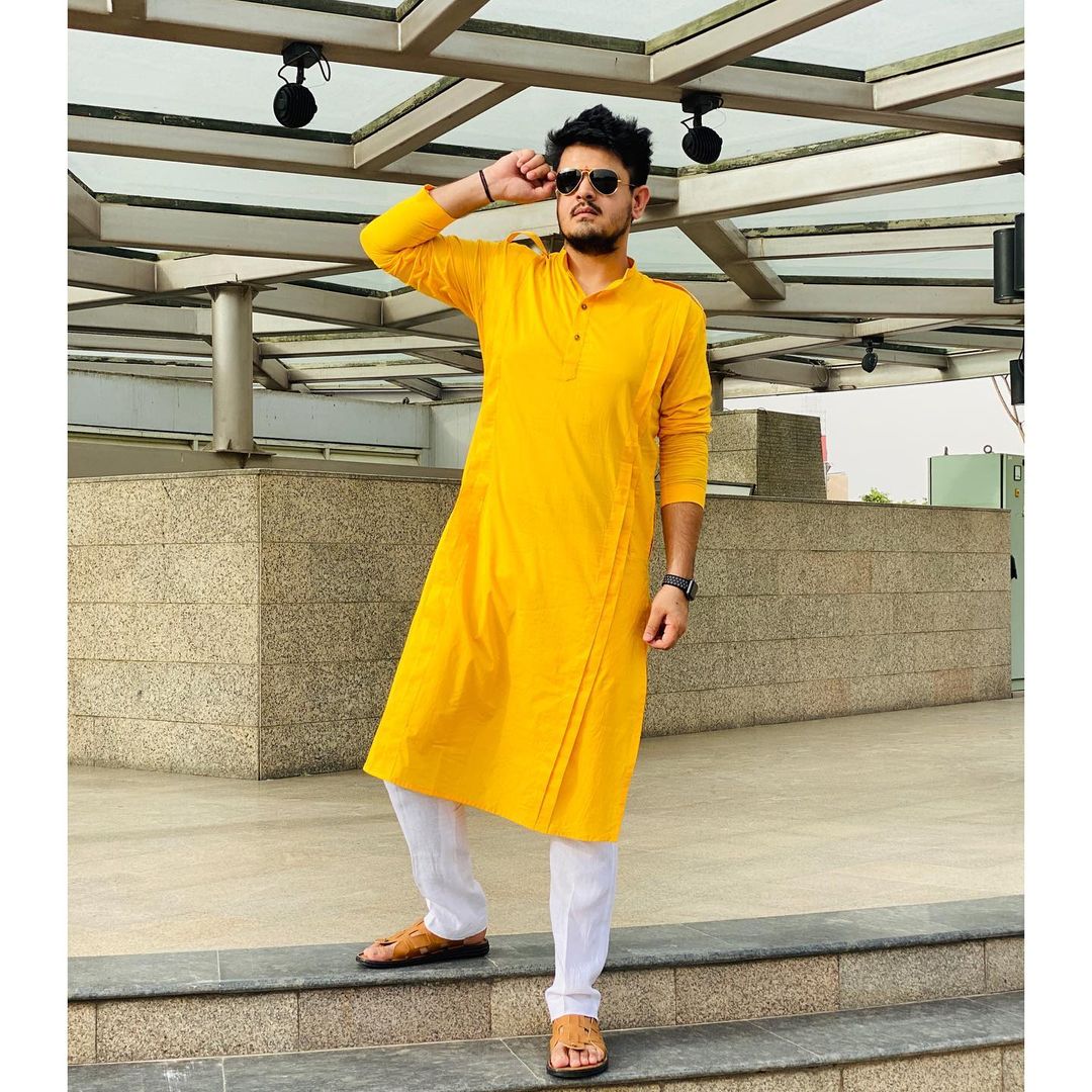 Menswear Sunshine Yellow Pathani Kurta with Pants