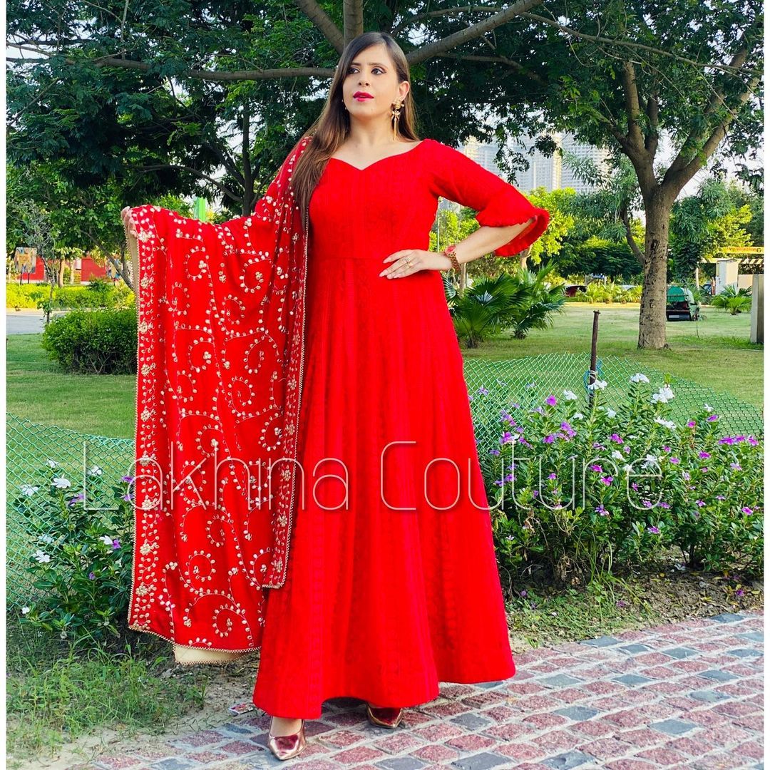 Red Chikankari Anarkali