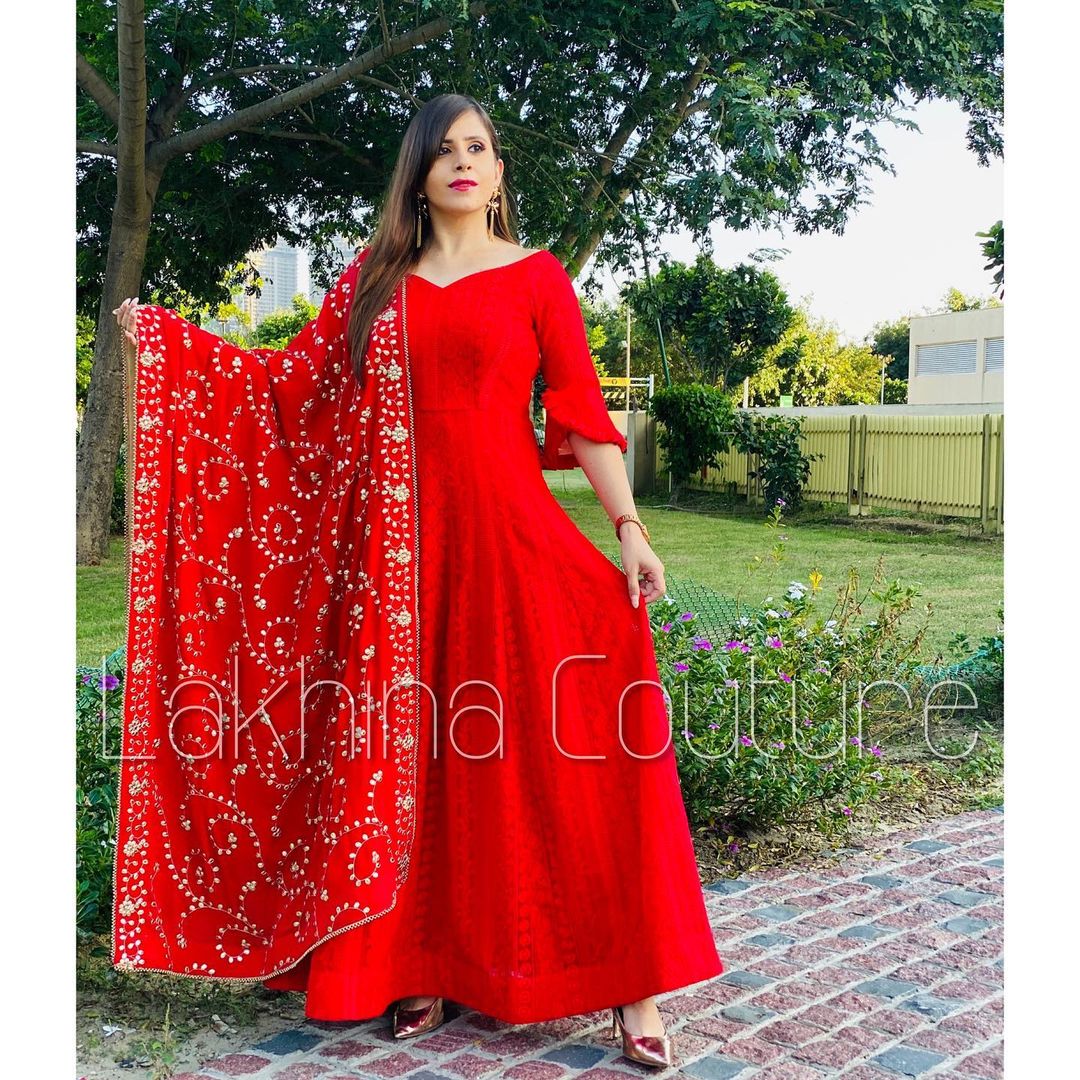 Red Chikankari Anarkali