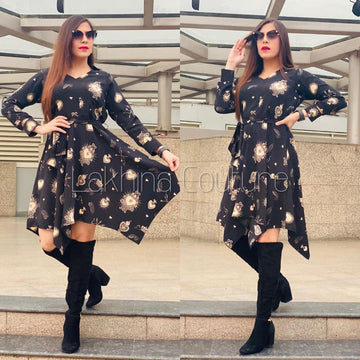 Black Asymmetric Satin V-Neck Dress