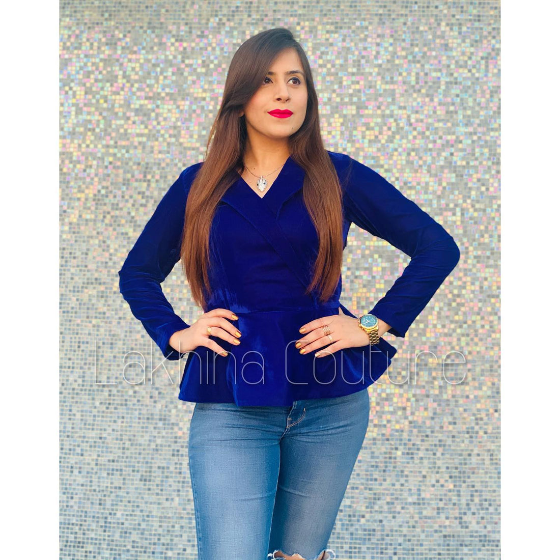 Navy Blue Velvet Peplum Top