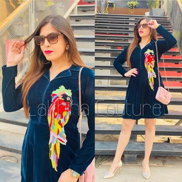 Peacock Green Parrot Velvet Dress