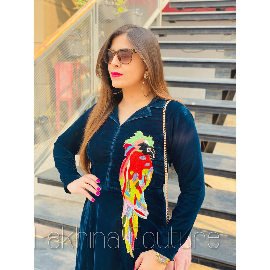 Peacock Green Parrot Velvet Dress