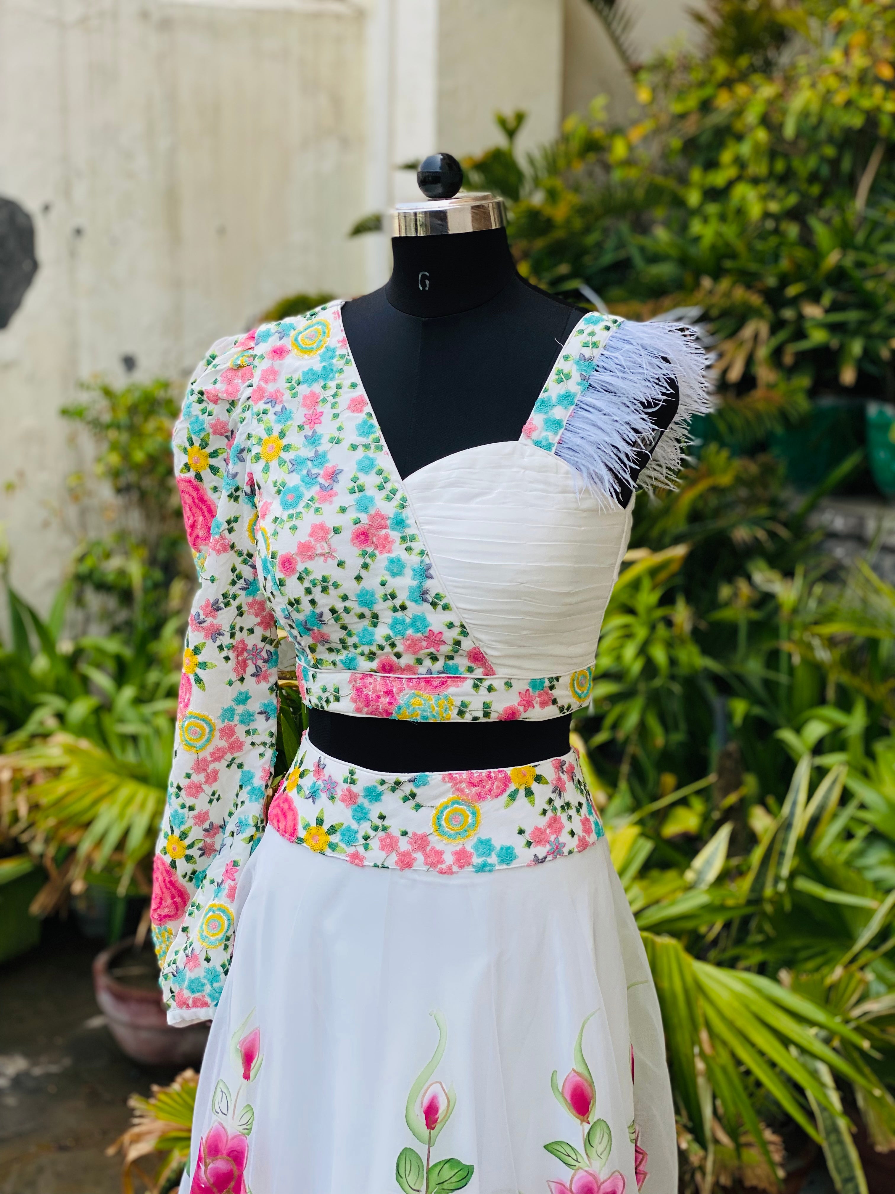 White Handpainted Organza Lehenga