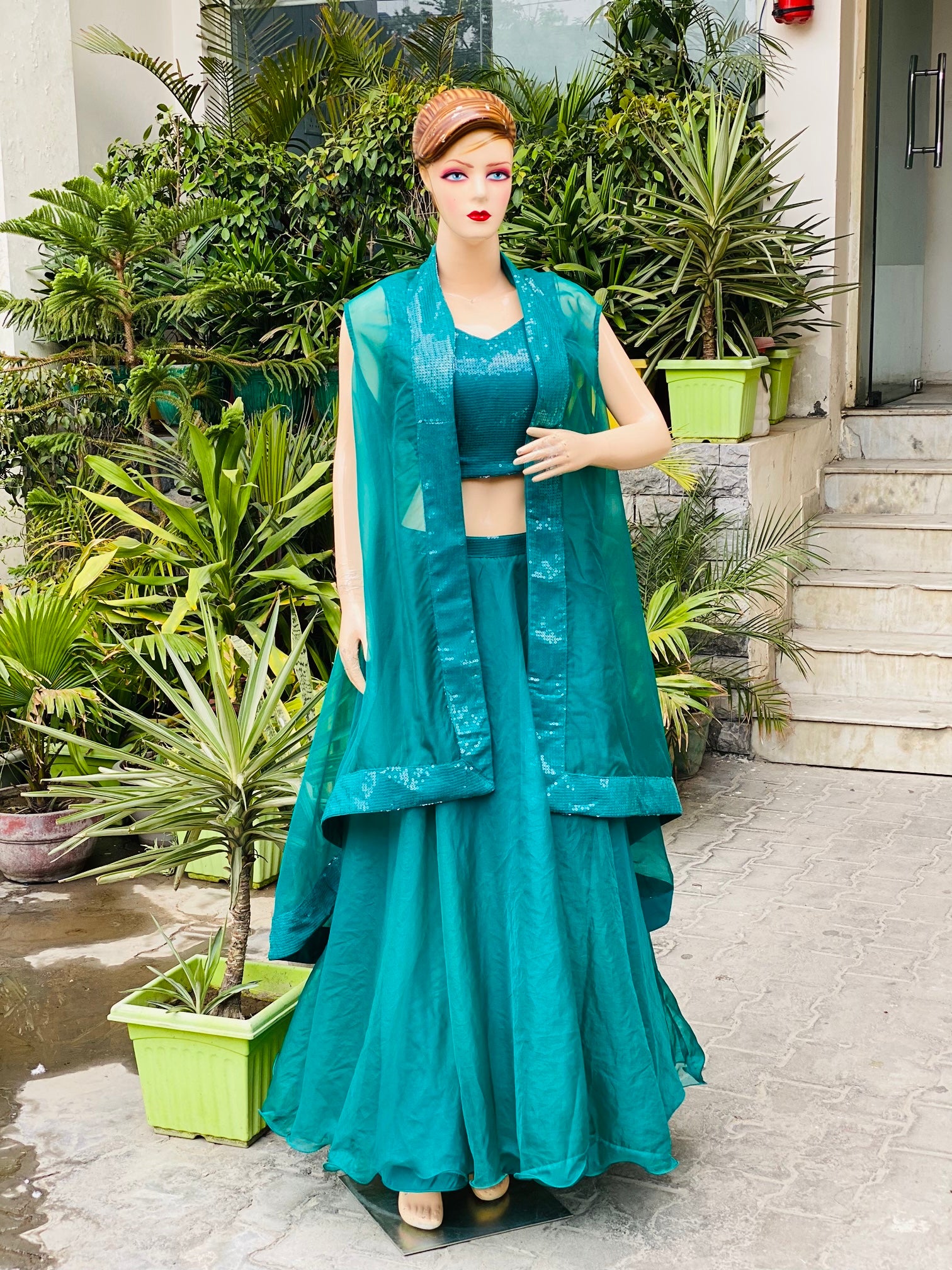 Green Lehenga With Cape