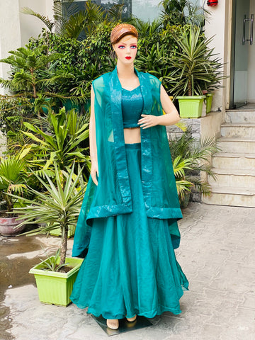 Green Lehenga With Cape