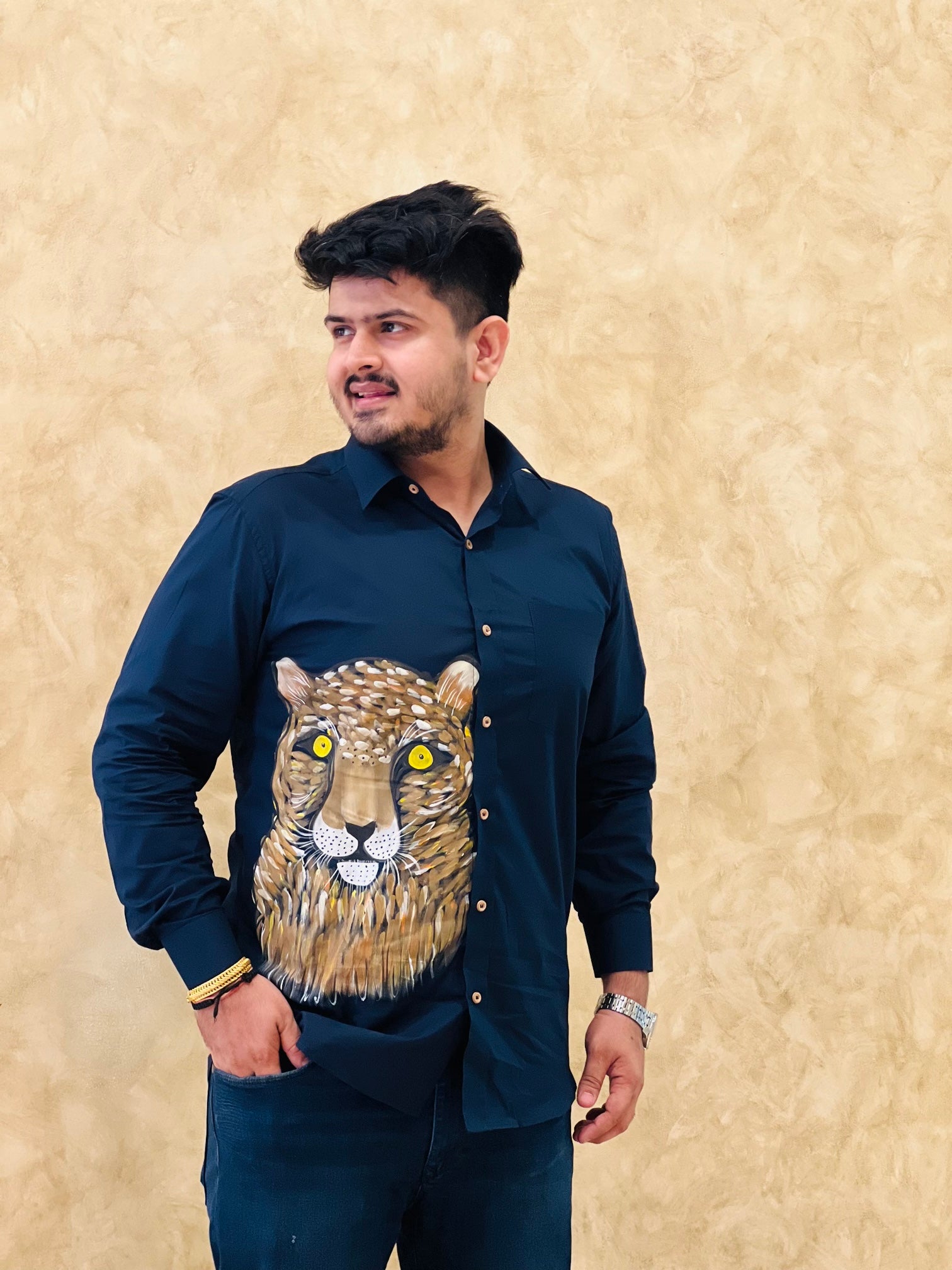 Menswear Navy Blue Hand-painted Shirt