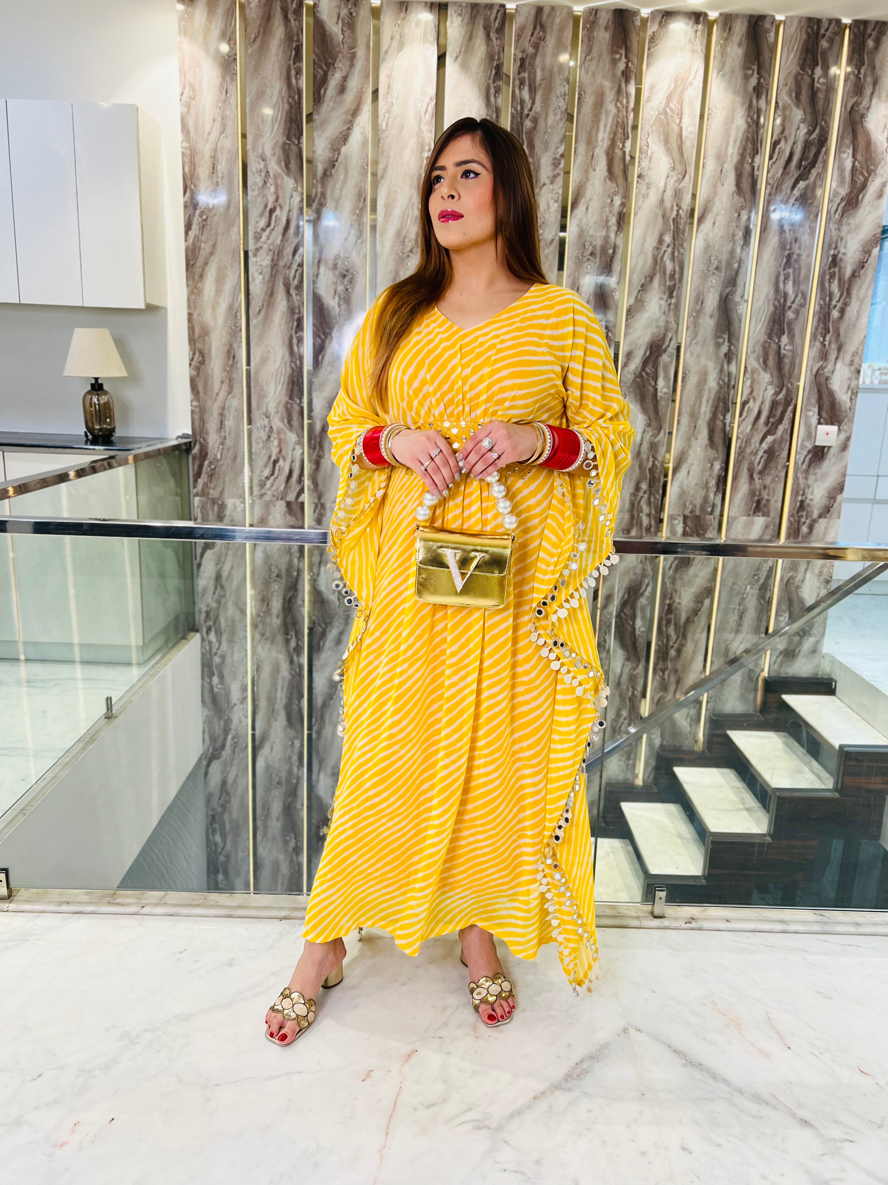 Yellow Leheriya Mirror Kaftaan