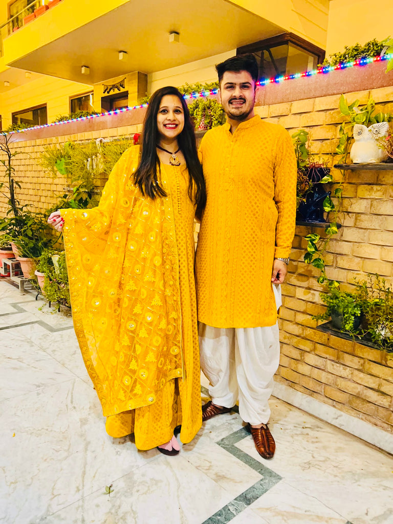 Yellow Chikankari Anarkali With Dupatta