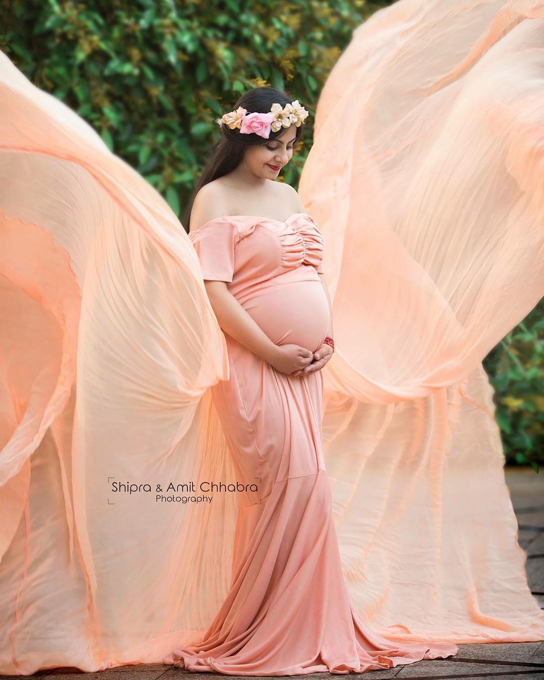 Peach Off Shoulder Gown
