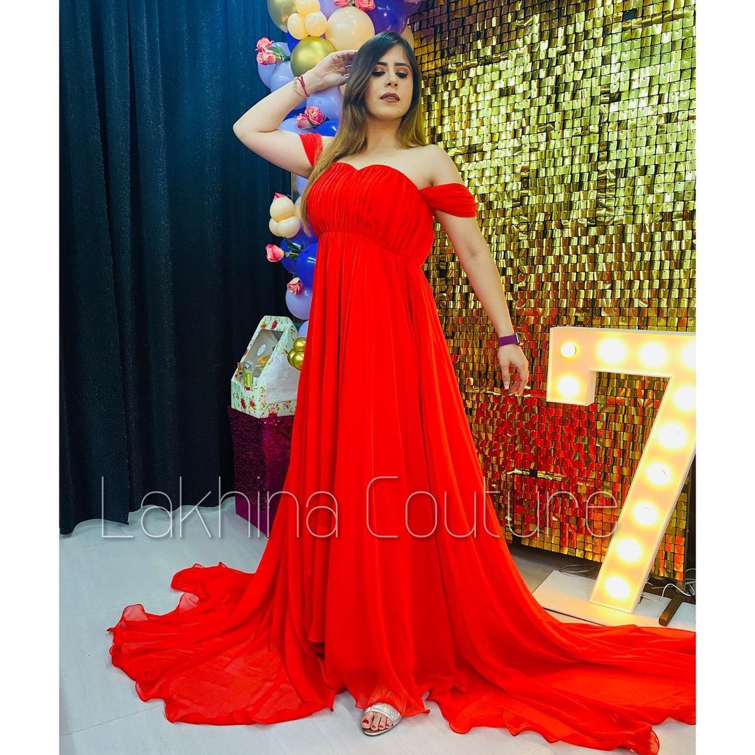Red Georgette Trail Gown