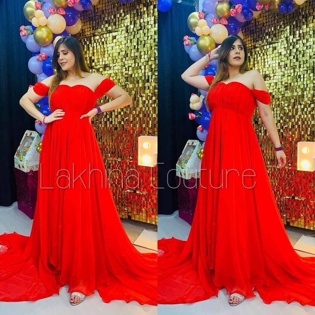 Red Georgette Trail Gown