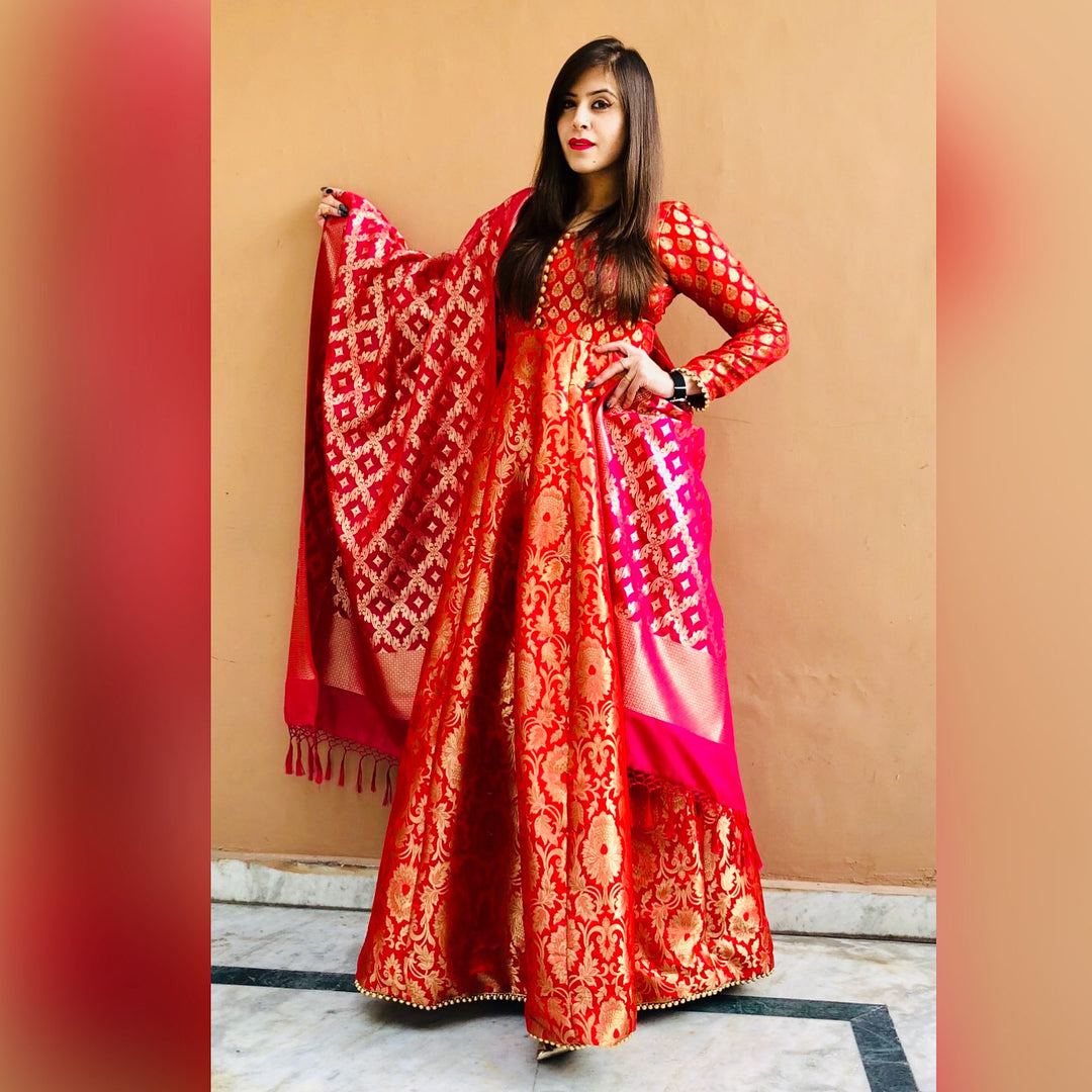banarasi anarkali dress design Banarasi Gown Banarsi Frock Suit Design Pink Banarasi Silk Anarkali Gown:  Indian Wedding Party Dress