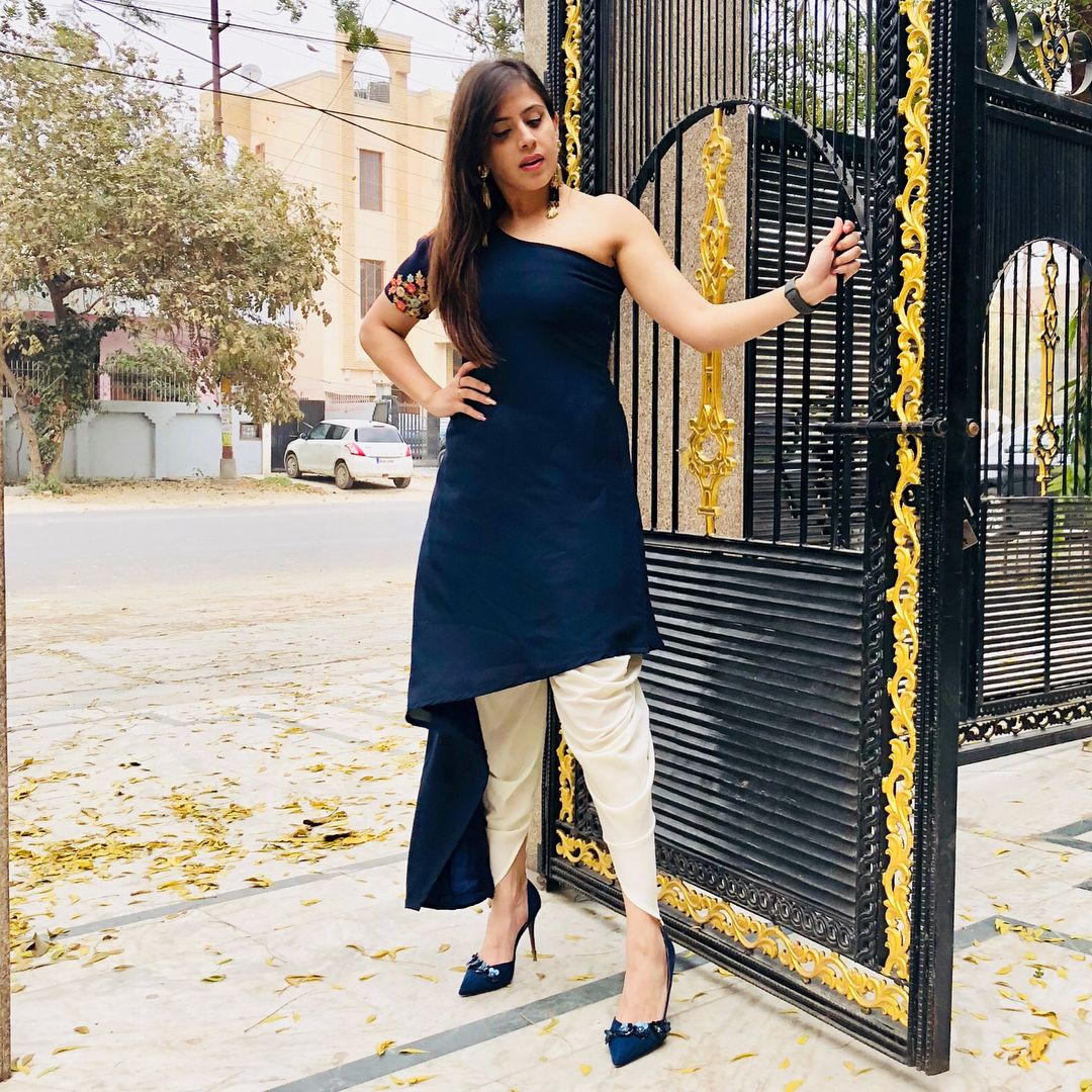 Navy Blue One Shoulder Kurti