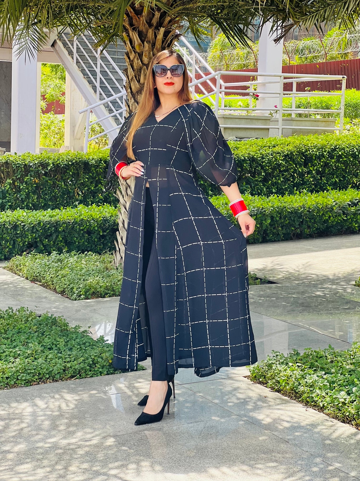 Black Geometric Slit Top