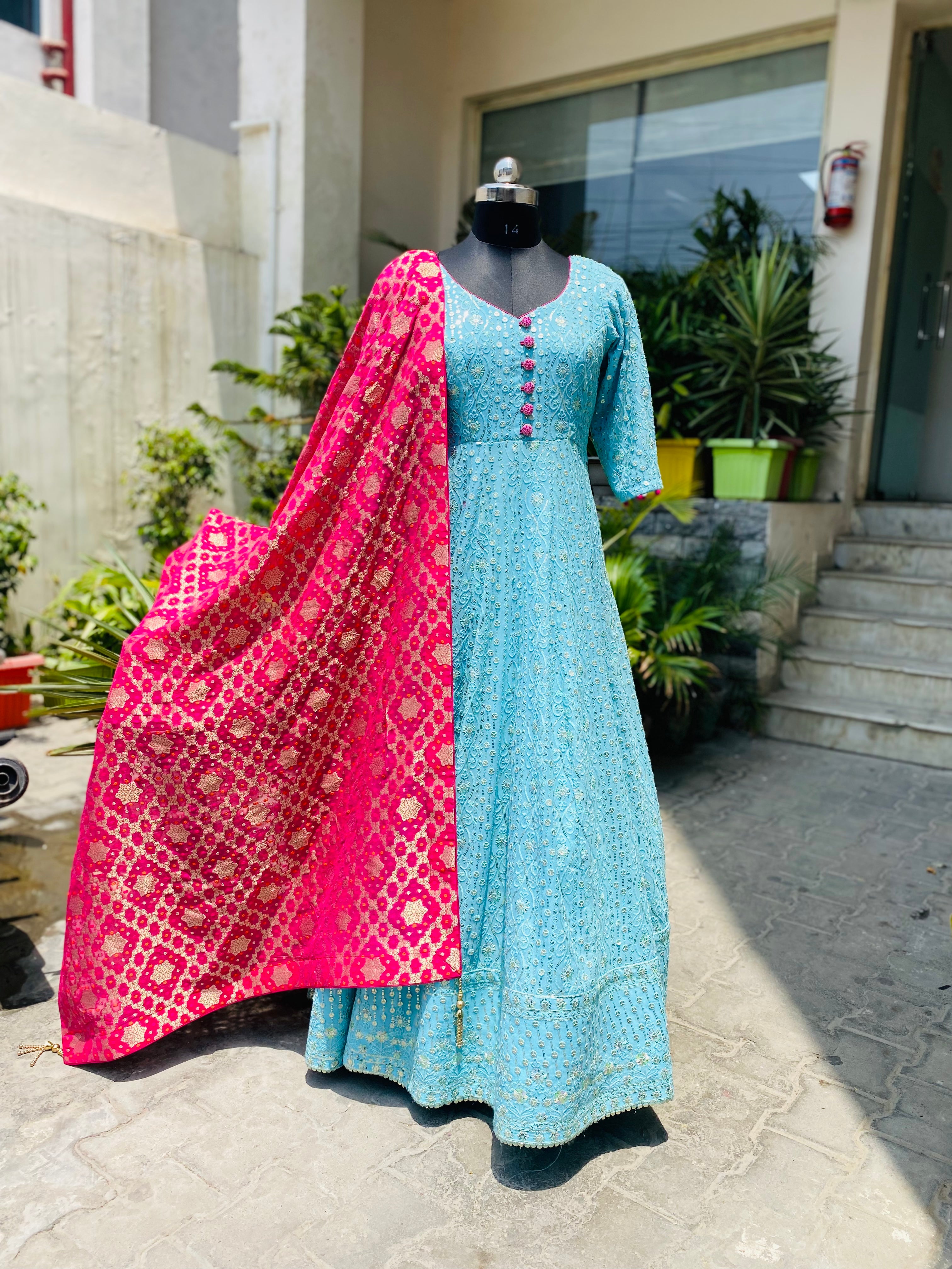 Sky Blue Chikankari Anarkali