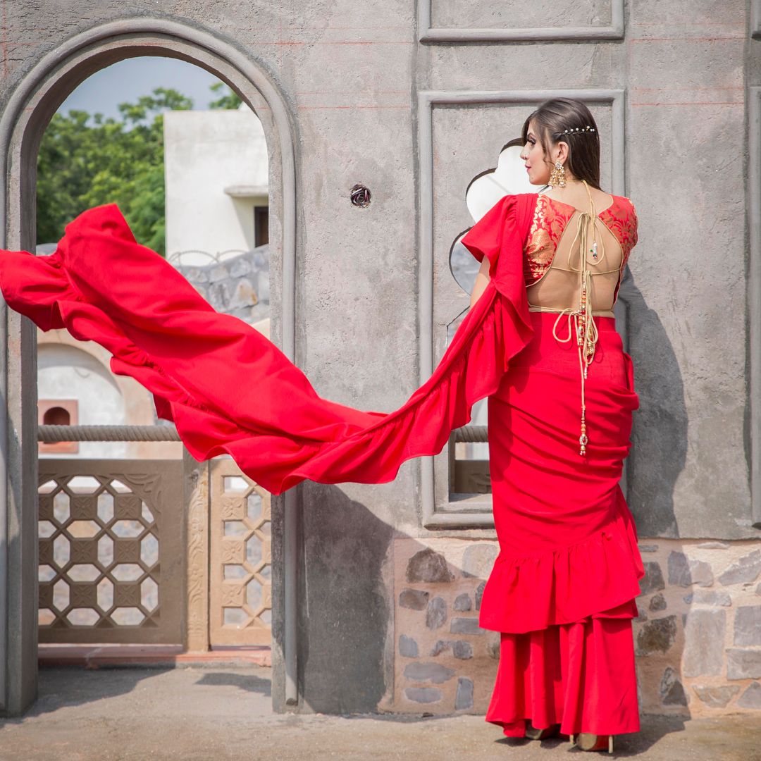 Red Ruffle Saree with Banarsi Blouse