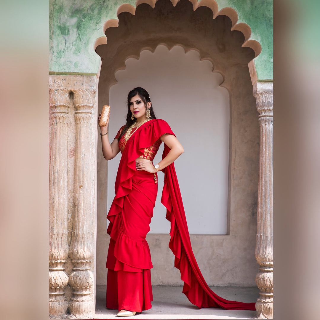 Red Ruffle Saree with Banarsi Blouse