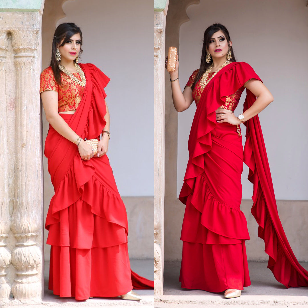 Red Ruffle Saree with Banarsi Blouse
