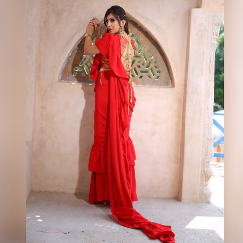 Red Ruffle Saree with Banarsi Blouse
