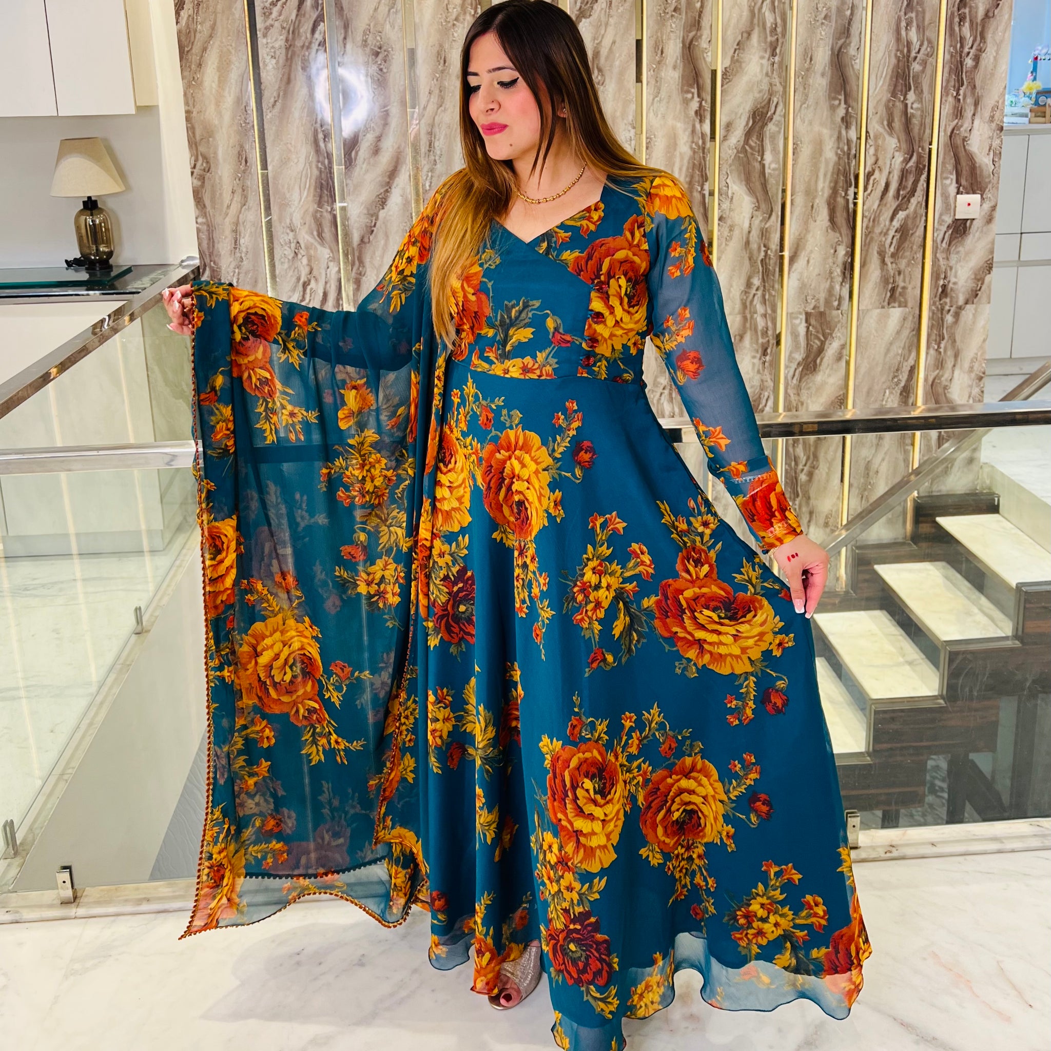 Teal Green Floral Anarkali