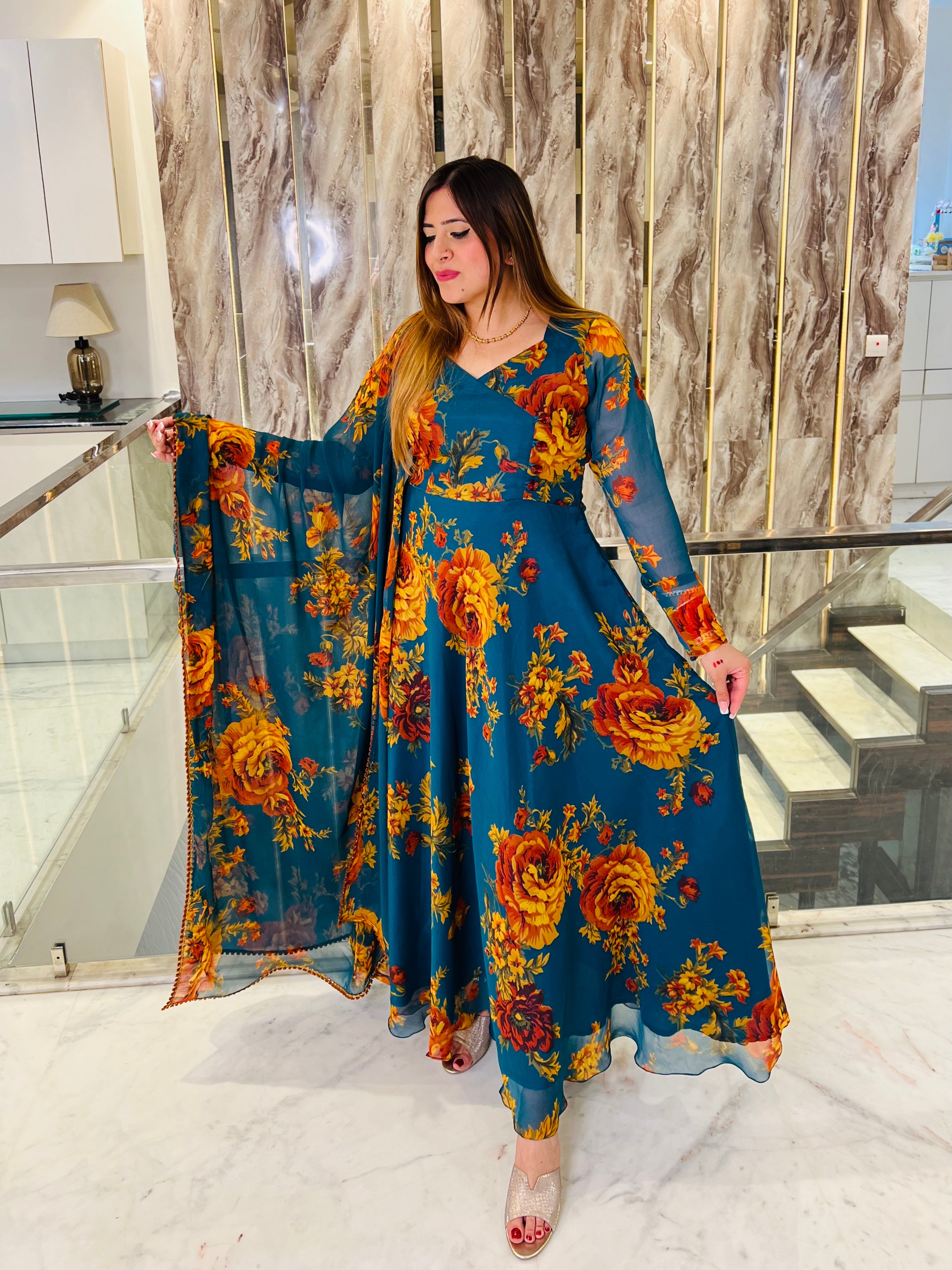 Teal Green Floral Anarkali