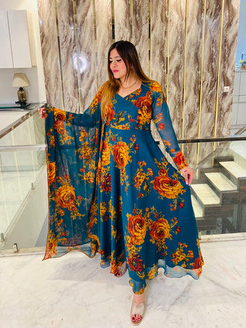 Teal Green Floral Anarkali
