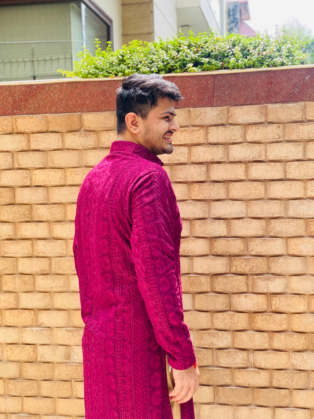 Menswear Wine Chikankari Kurta Set