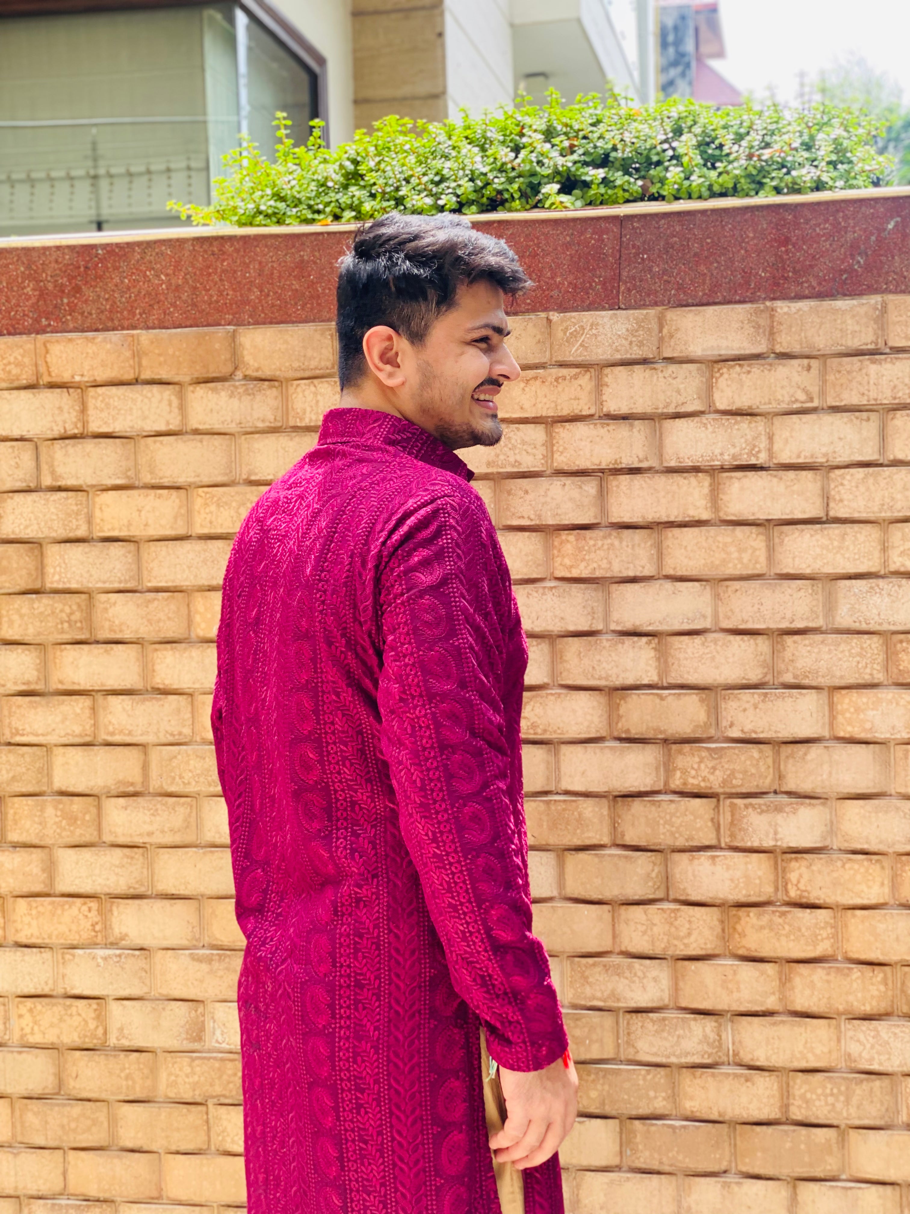 Menswear Wine Chikankari Kurta Set