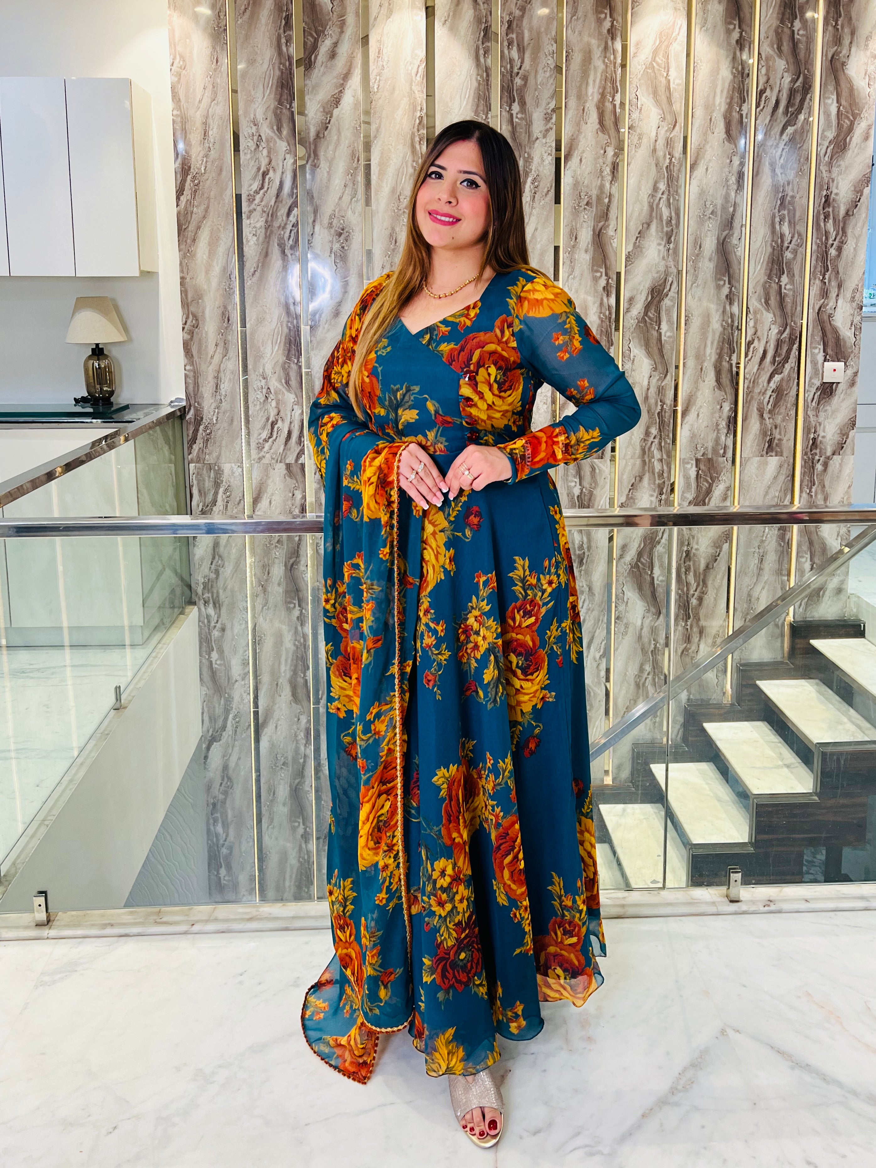 Teal Green Floral Anarkali