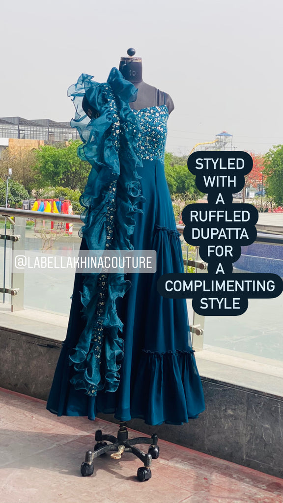 Peacock Blue Gown With Ruffle Dupatta